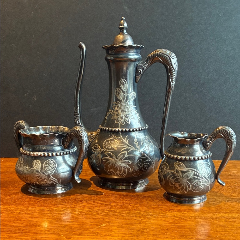 Rockford Black and Silver Etched Floral Serveware